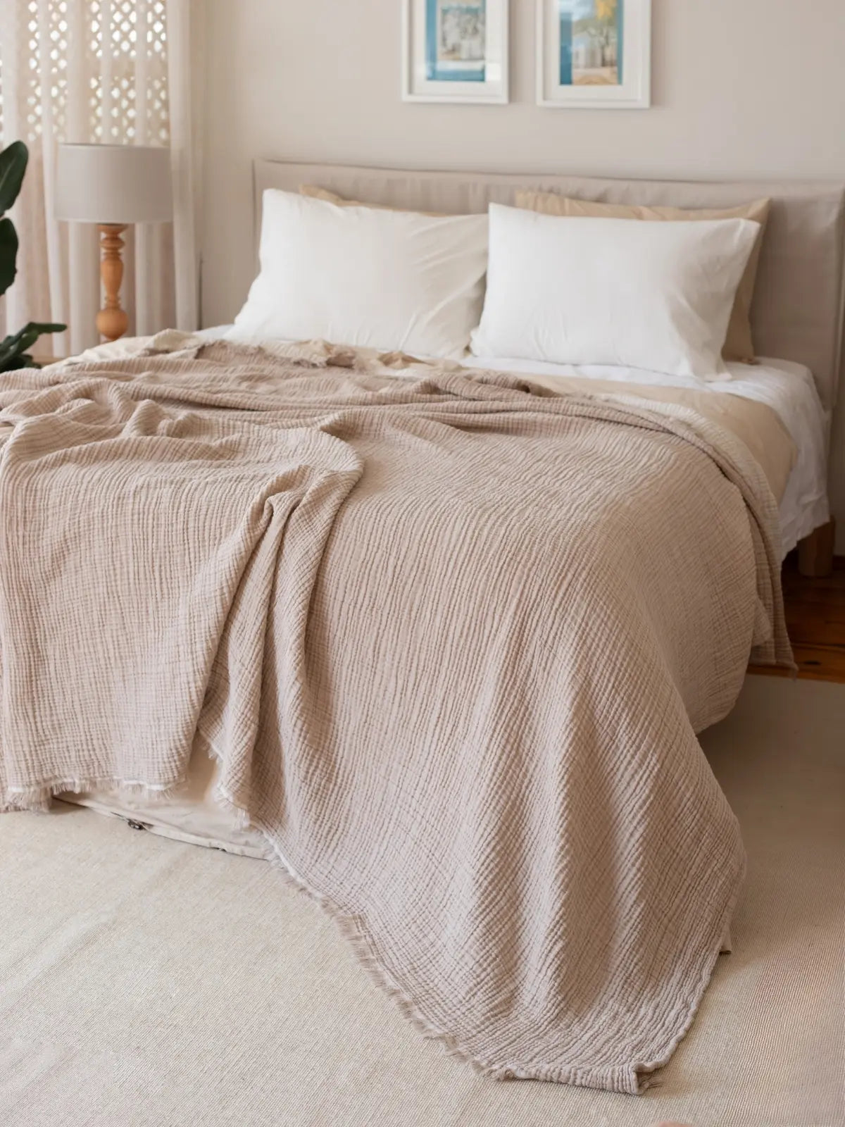 Açık kahve iplik boya yatak örtüsü çift taraflı görünüm