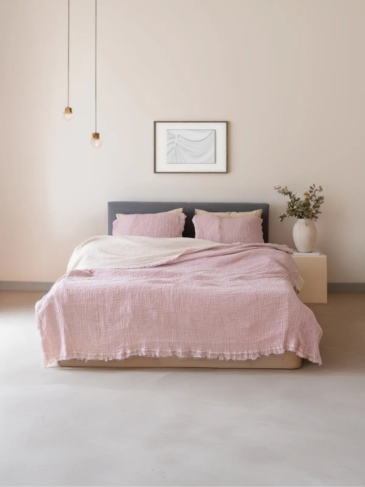 Açık pembe iplik boya yatak örtüsü çift taraflı görünüm