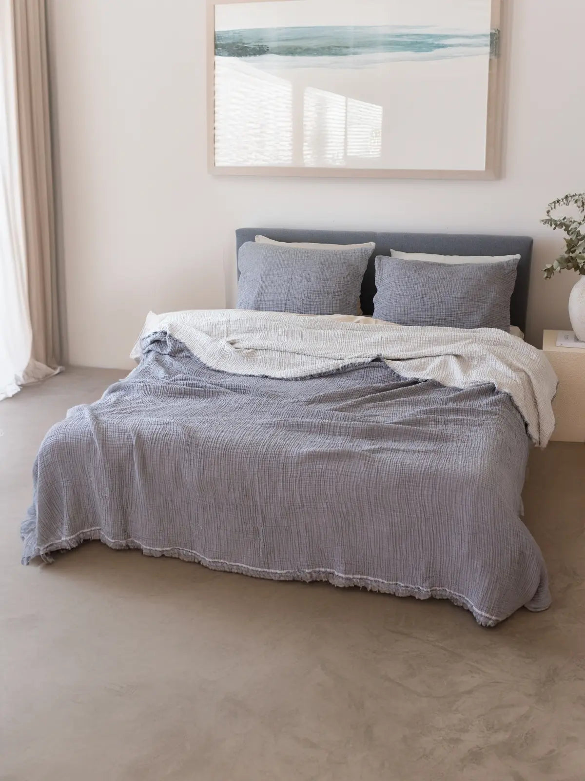 Antrasit iplik boya yatak örtüsü çift taraflı görünüm