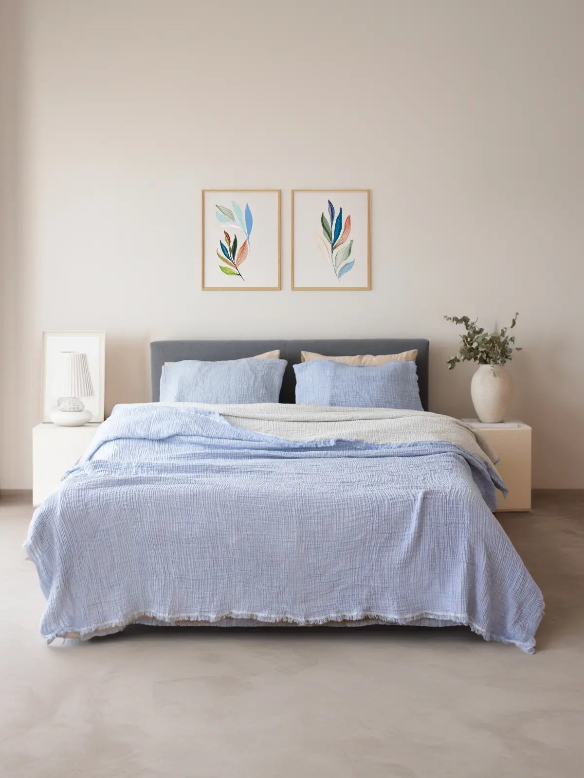 Bebe mavisi muslin pike yatak odası genel görünüm dekorasyon