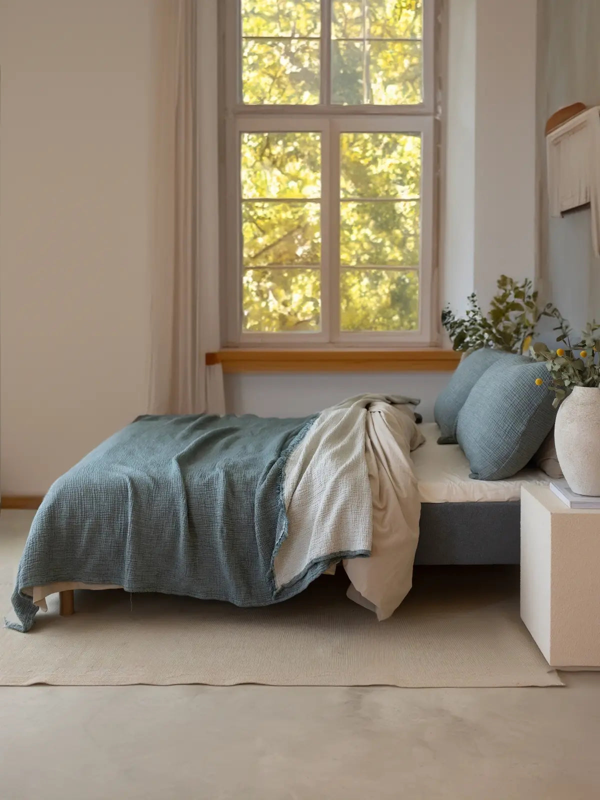 Koyu yeşil 4 kat muslin yatak örtüsü çift kişilik yatak üstü görünüm