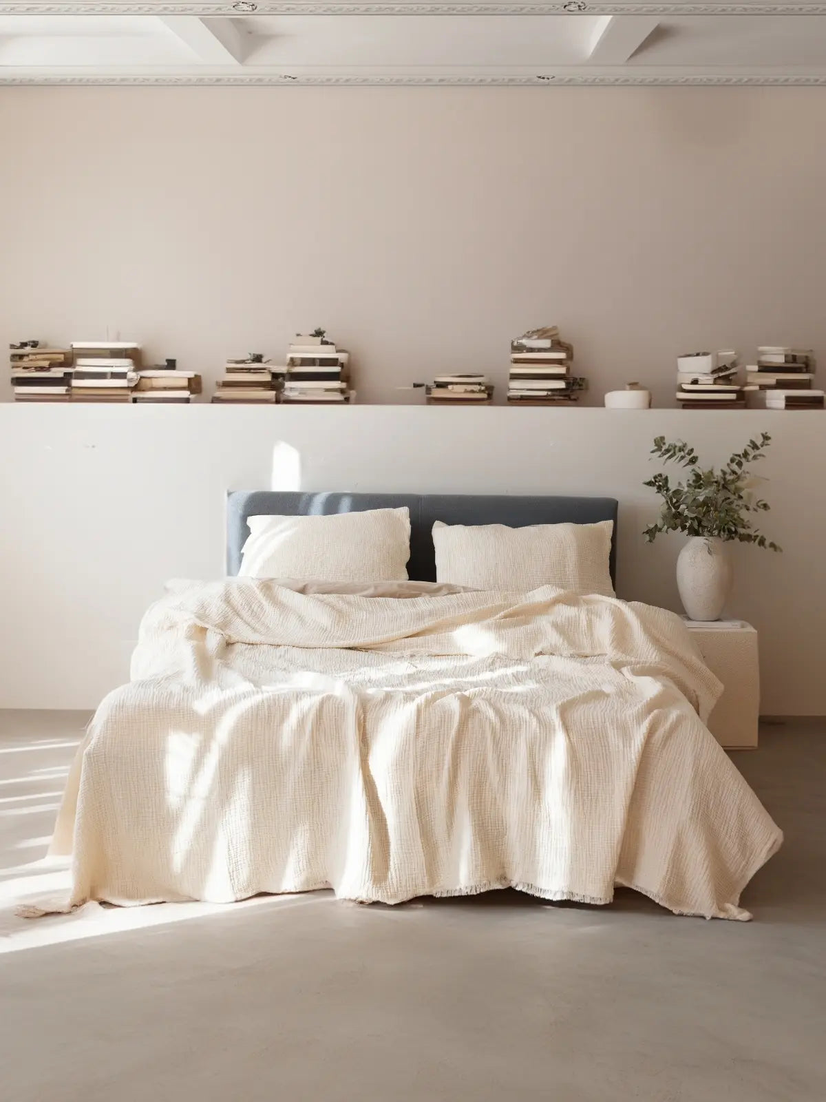 Natural 4 kat muslin yatak örtüsü çift kişilik yatak üstü görünüm