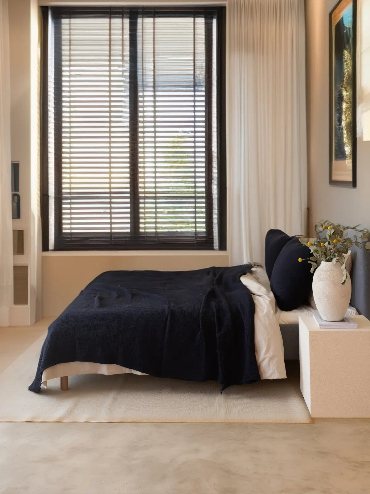 Siyah iplik boya yatak örtüsü çift taraflı görünüm