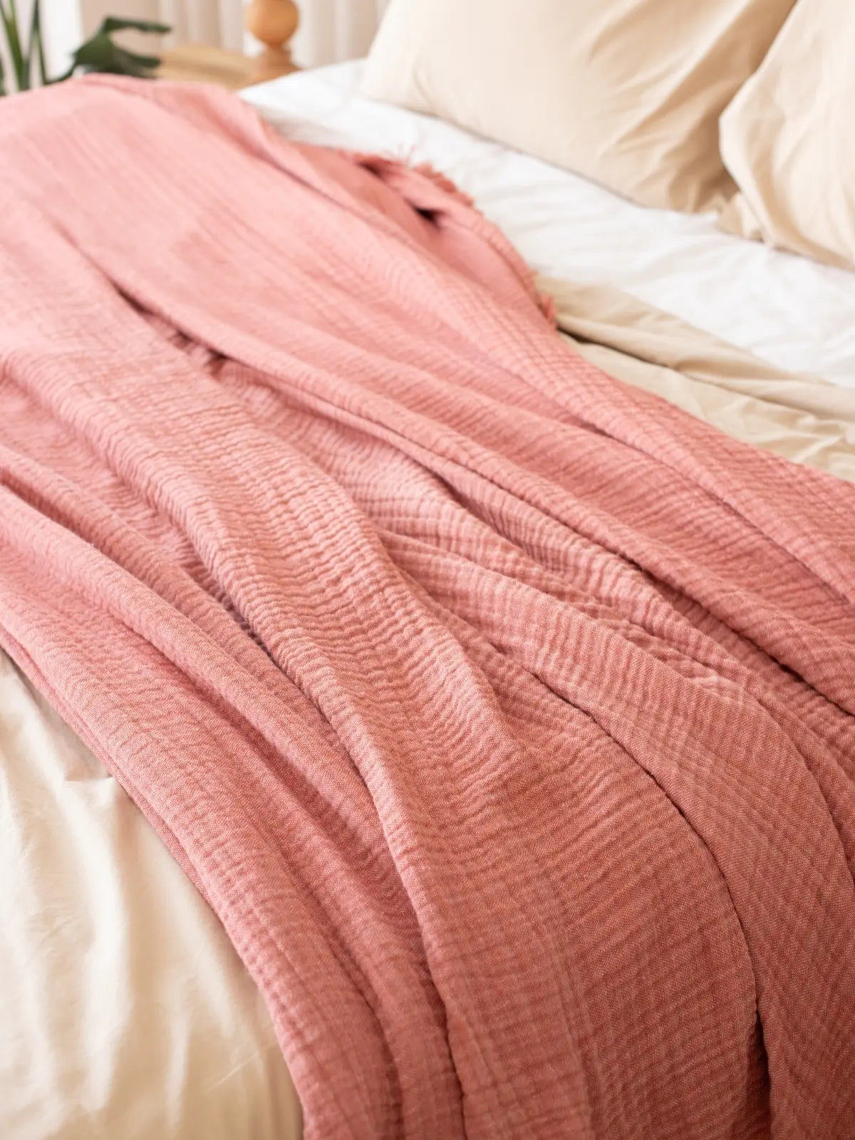 Terracotta iplik boya yatak örtüsü çift taraflı görünüm