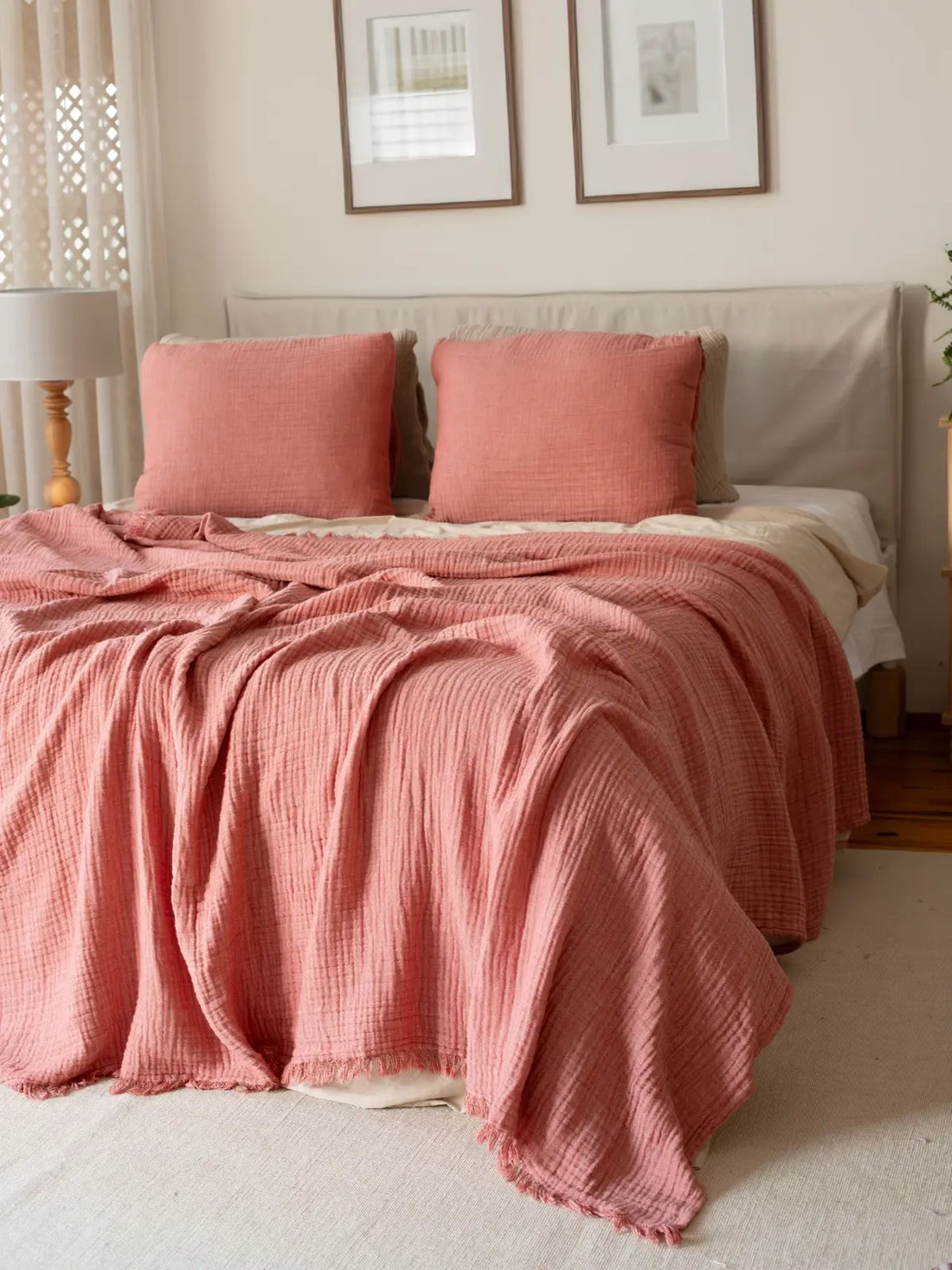 Terracotta muslin yatak örtüsü kumaş dokusu yakın çekim