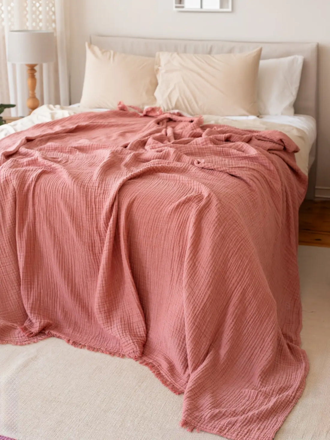 Terracotta muslin yatak örtüsü kumaş dokusu yakın çekim