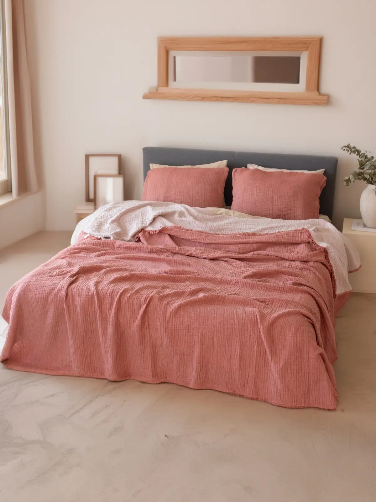 Terracotta 4 kat muslin yatak örtüsü çift kişilik yatak üstü görünüm