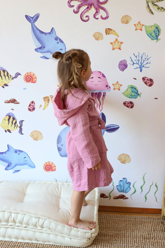 Einfarbiger Musselin-Bademantel für Babys und Kinder, 100 % Baumwolle, 4 Lagen 