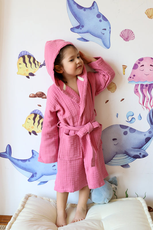 Muslin Baby Kids Solid Color Bathrobe, 100% Cotton 4 Layers 