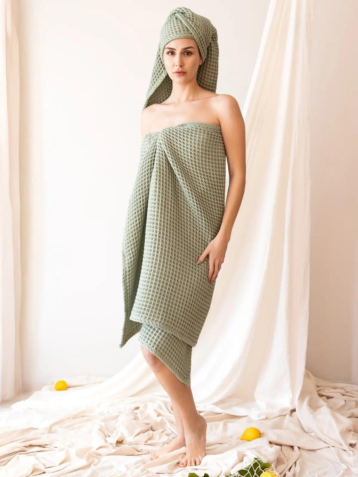 Adaçayı yeşili waffle petek dokuma banyo havlusu seti genel görünüm
