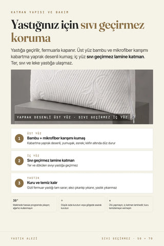 Yastık alezi katman ve bakım kartı: bambu ve mikrofiber üst yüz, sıvı geçirmez lamine iç yüz, 30 °C yıkama – VivaMaison