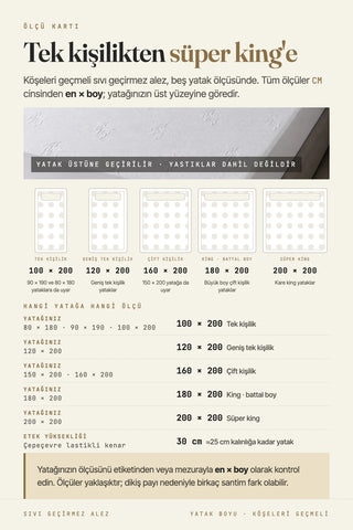 Yatak alezi ölçü kartı: 100x200, 120x200, 160x200, 180x200, 200x200 cm ve 30 cm etek – VivaMaison