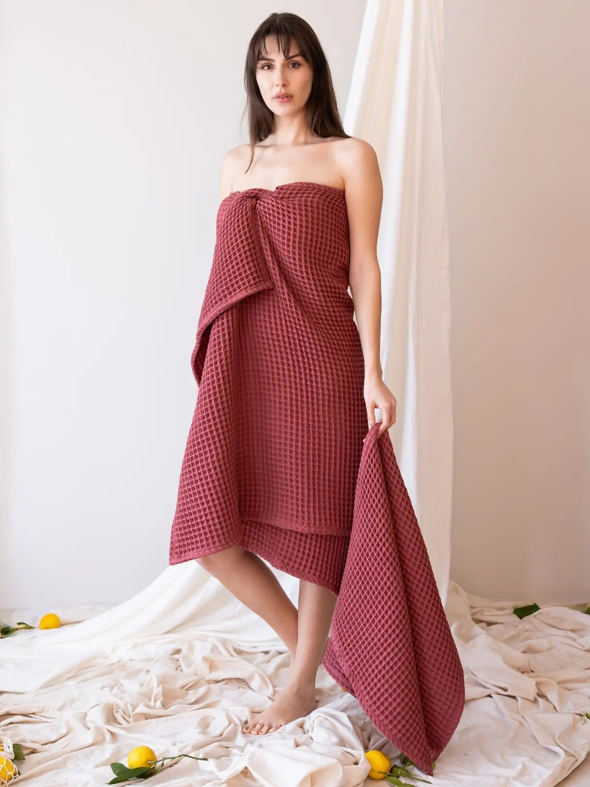 Bordo waffle havlu seti komple görünüm tüm içerik