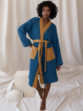 İndigo karamel çift renk waffle pike kimono bornoz ön görünüm