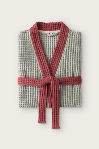Çift renk waffle pike kimono bornoz, Adaçayı Yeşili - Bordo, katlanmış ön görünüm, kontrast yaka ve bağlı kuşak