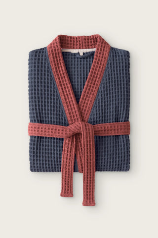 Çift renk waffle pike kimono bornoz, Antrasit - Bordo, katlanmış ön görünüm, kontrast yaka ve bağlı kuşak