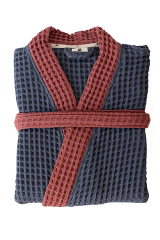 Antrasit - Bordo çift renk waffle pike kimono bornoz, katlanmış görünüm – kontrast yaka, kuşak ve cep; %100 Türk pamuğu, OEKO-TEX, VivaMaison