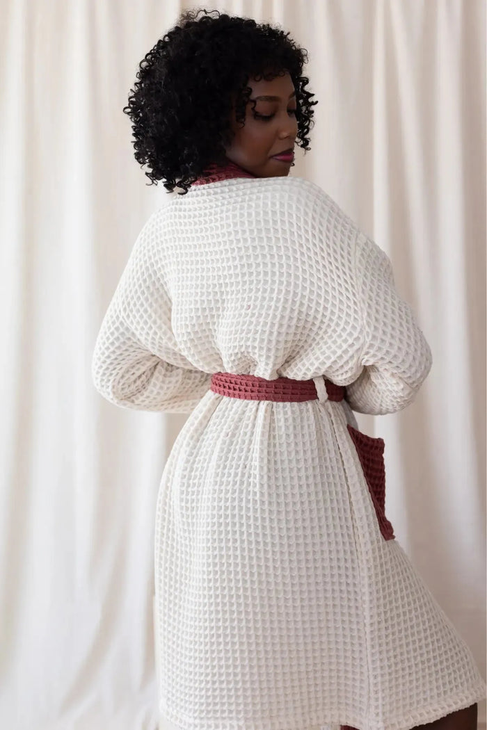 %100 Pamuk Çift Renk Waffle Pike Kimono Bornoz | Kontrastlı Detaylı Bornoz