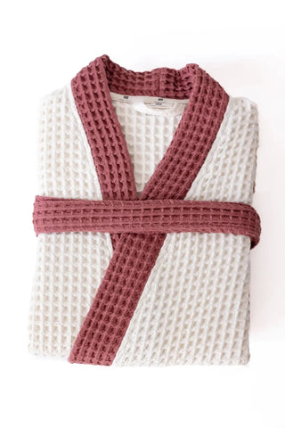 Beyaz - Bordo çift renk waffle pike kimono bornoz, katlanmış görünüm – kontrast yaka, kuşak ve cep; %100 Türk pamuğu, OEKO-TEX, VivaMaison