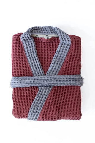 Bordo - Gri çift renk waffle pike kimono bornoz, katlanmış görünüm – kontrast yaka, kuşak ve cep; %100 Türk pamuğu, OEKO-TEX, VivaMaison