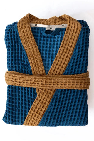 İndigo Mavi - Karamel çift renk waffle pike kimono bornoz, katlanmış görünüm – kontrast yaka, kuşak ve cep; %100 Türk pamuğu, OEKO-TEX, VivaMaison