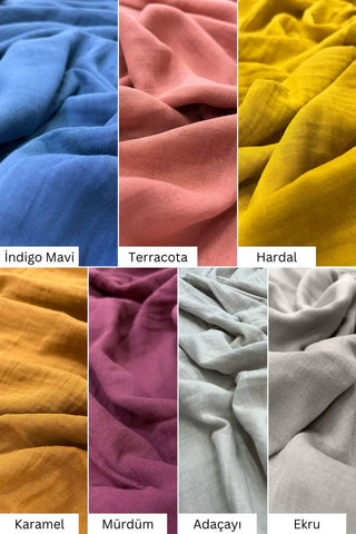 Çift yönlü 4 kat müslin kapüşonlu bornoz 7 renk kumaş örnekleri: ekru, adaçayı yeşili, mürdüm, karamel, hardal, terracota, indigo mavi – VivaMaison