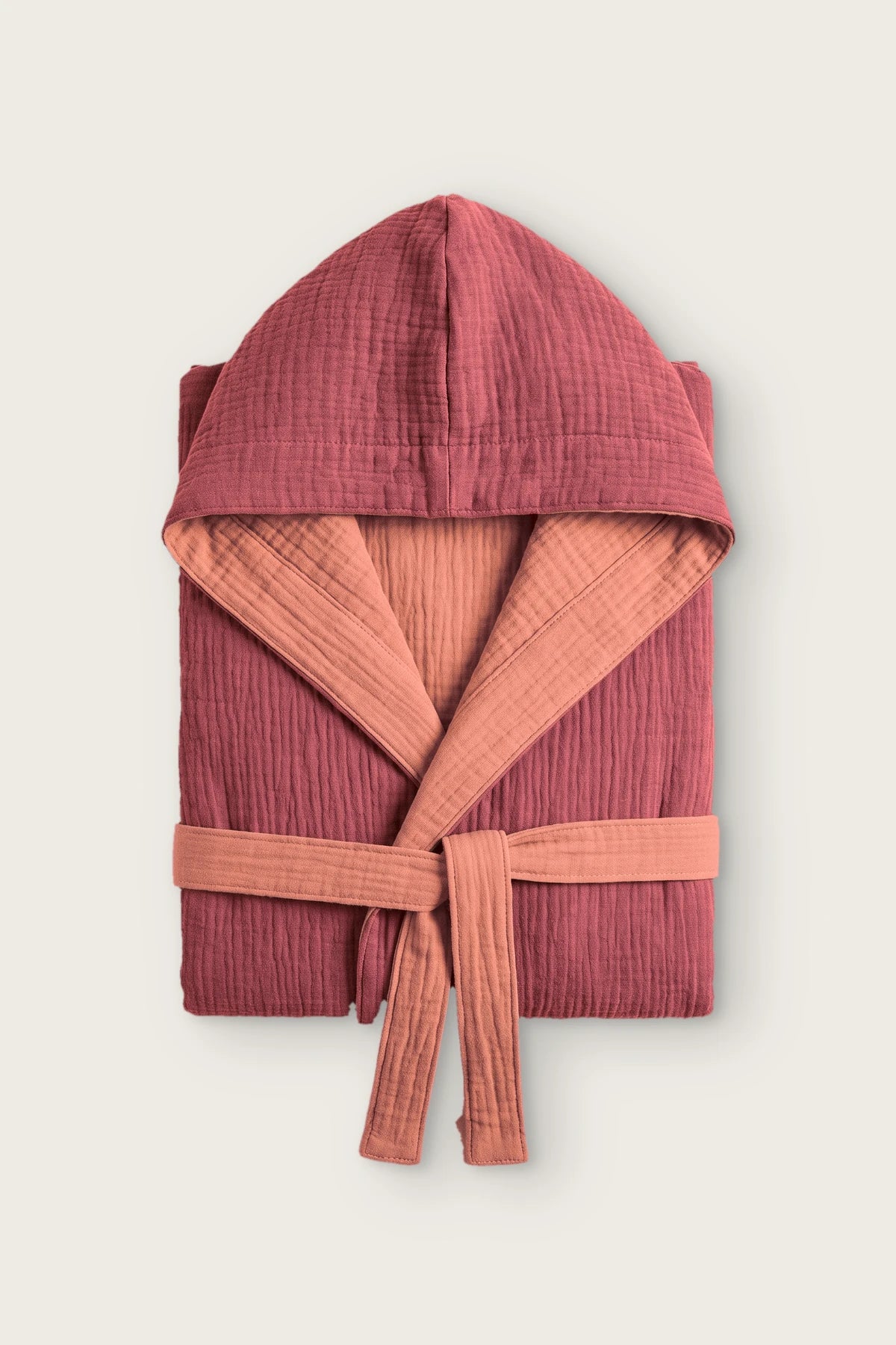 Çift yönlü 4 kat müslin kapüşonlu çocuk bornozu, Mürdüm / Terracota, katlı ön görünüm