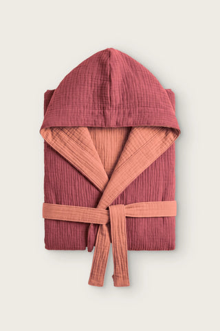 Çift yönlü 4 kat müslin kapüşonlu çocuk bornozu, Mürdüm / Terracota, katlı ön görünüm