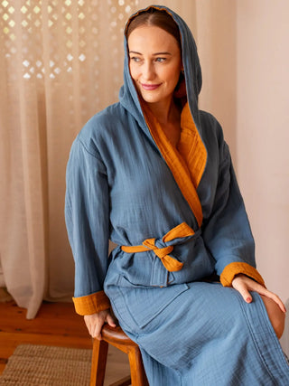 Çift yönlü muslin bornoz kimono yaka kesimi detayı