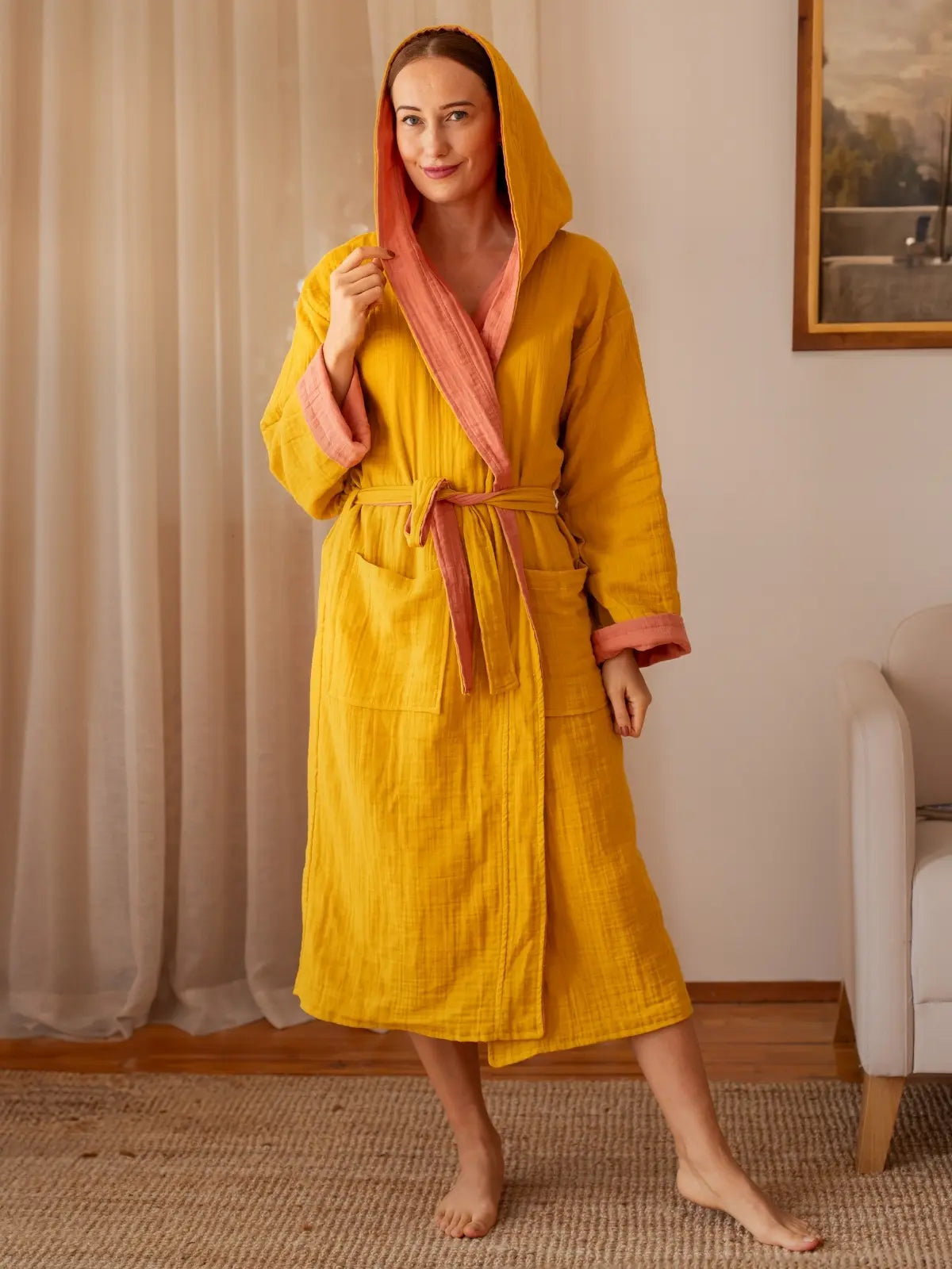 Çift yönlü muslin kimono bornoz kuşak bağlama detayı