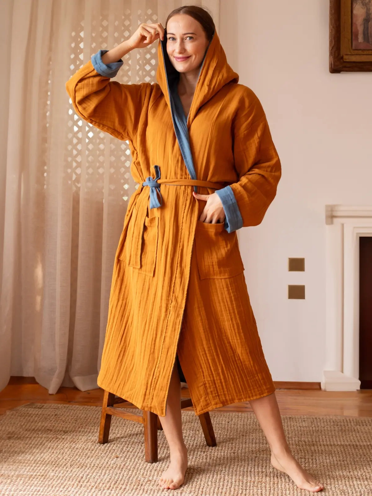 Çift yönlü muslin bornoz üçüncü renk kombinasyonu detay görünüm