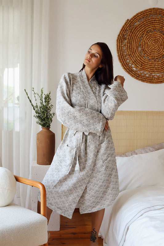 Adult Patterned Muslin Bathrobe, Special Design 100% Cotton 3 Layers Double Sided 