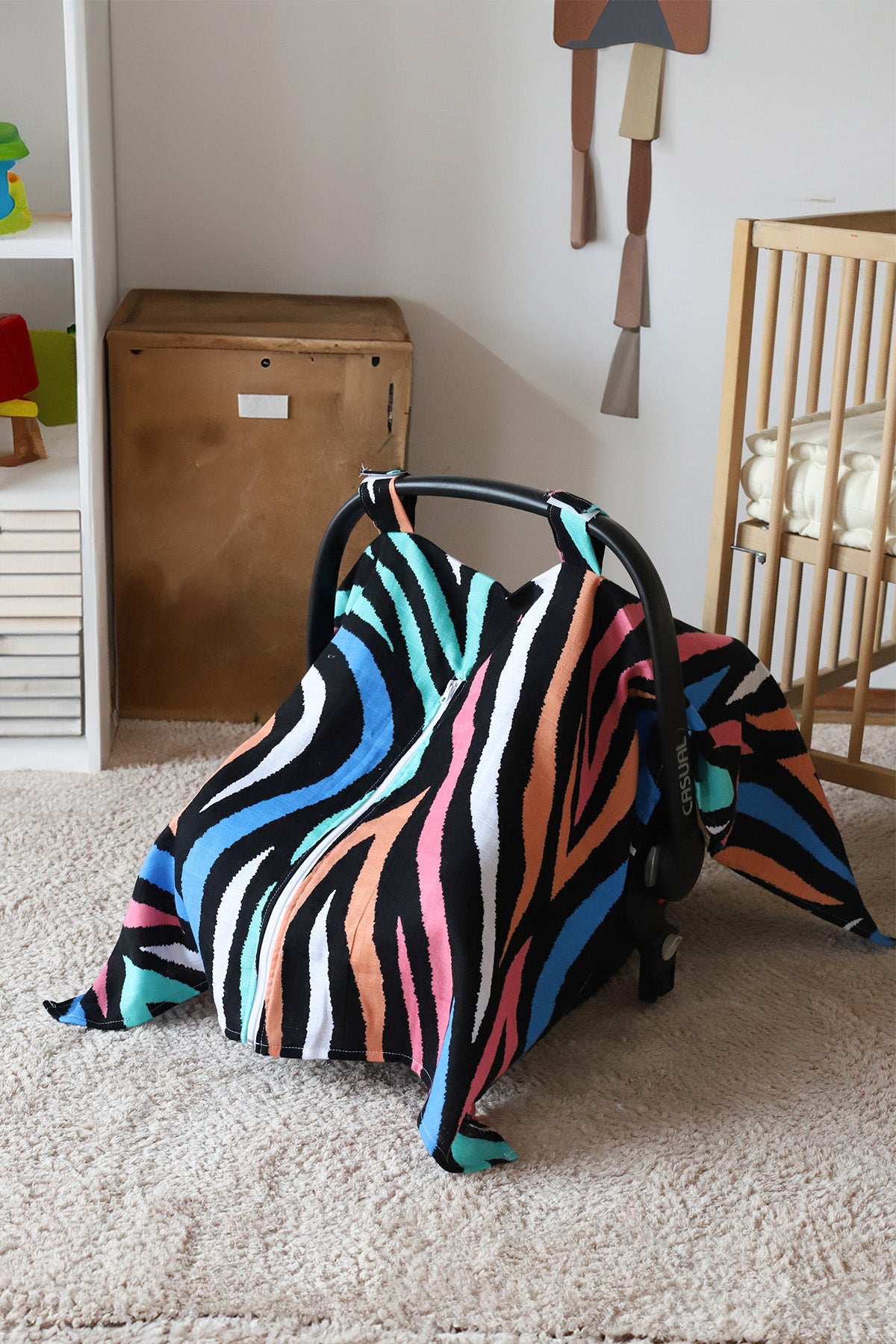 Müslin Bebek Puset Örtüsü, Cırt Cırtlı Fermuarlı Renkli Desenli