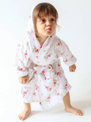 Flamingo desenli %100 pamuk 2 kat muslin bebek çocuk bornozu giyili model