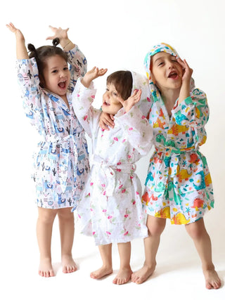 Lama flamingo dinozor desenli muslin bebek bornozu üç çocuk model birlikte