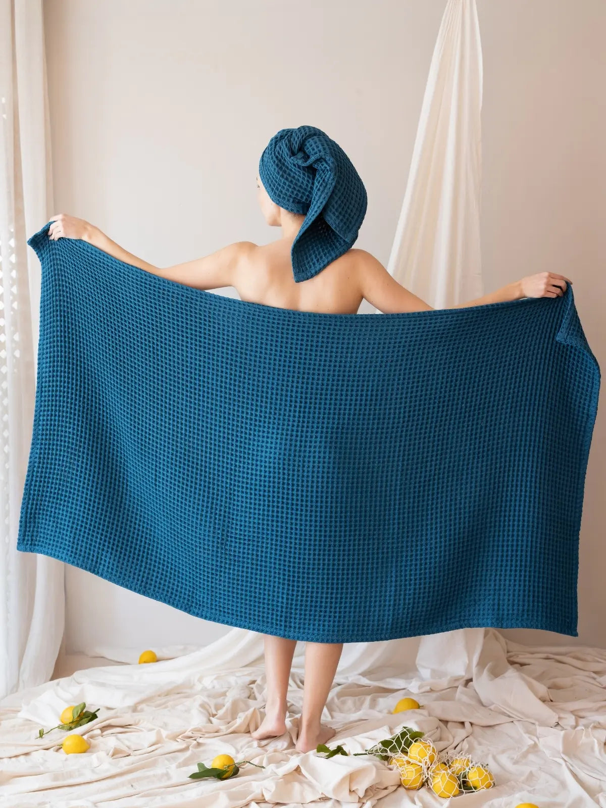 İndigo mavi banyo havlusu 90x180 cm waffle dokuma