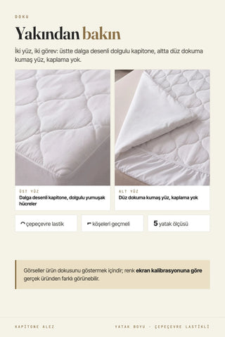 Kapitone fitted alez doku kartı: üstte dalga desenli dolgulu kapitone, altta düz dokuma kumaş yüz – VivaMaison