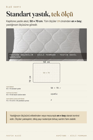 Yastık alezi ölçü kartı: tek ölçü 50x70 cm, standart yastığa uyar, 70x70 ve 50x90 uymaz – VivaMaison