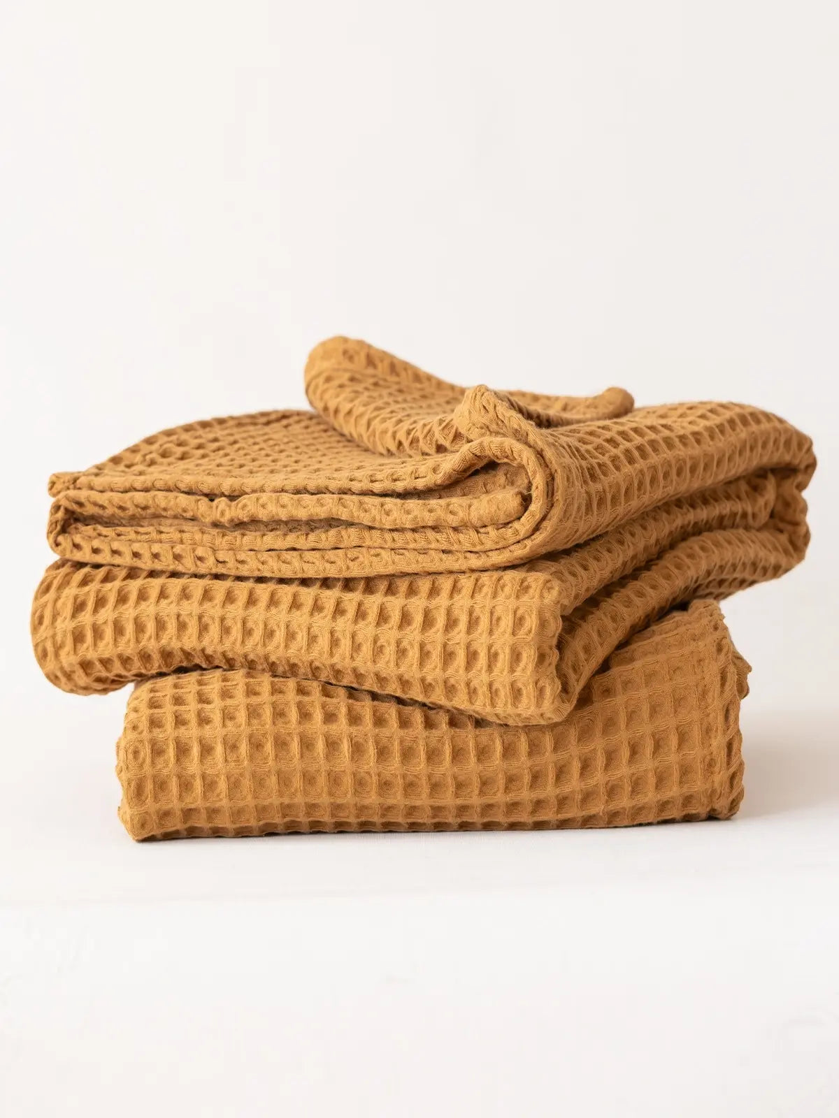 Karamel pamuklu waffle havlu tertipli katlanmış hali