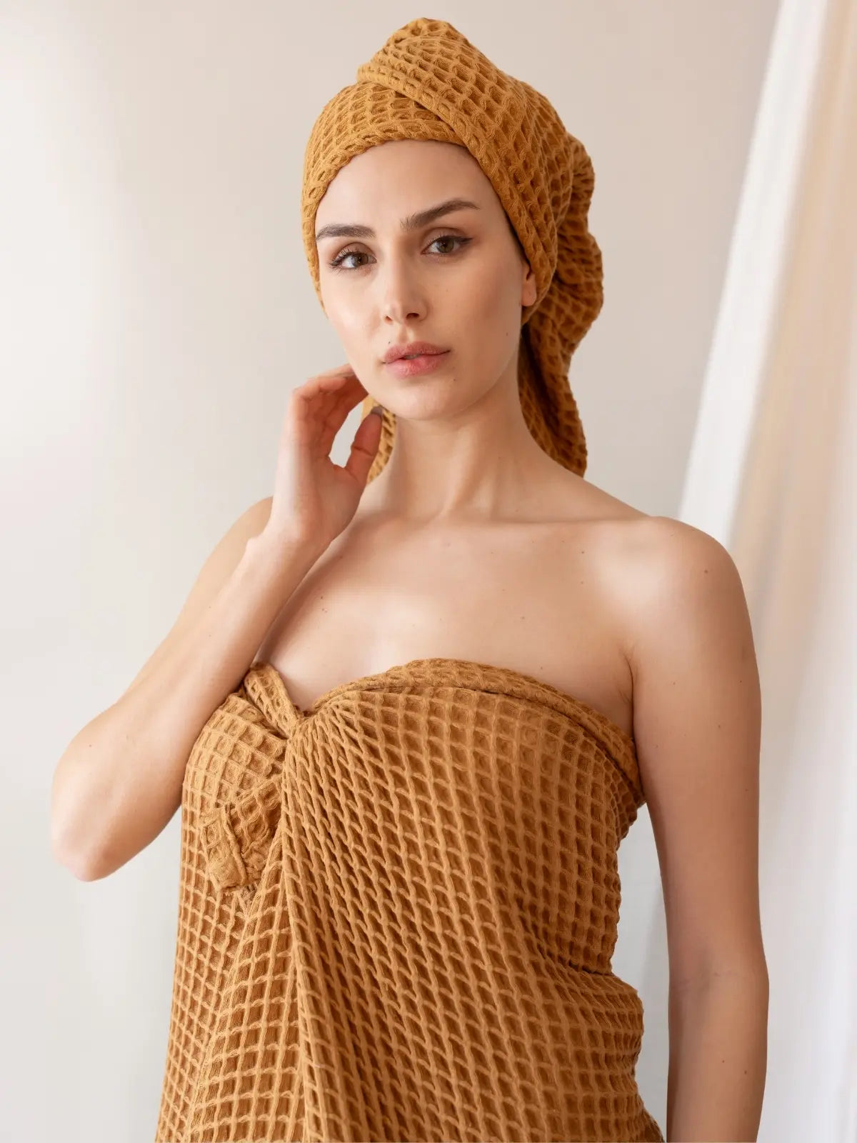 Karamel waffle havlu seti tam görünüm tüm içerik