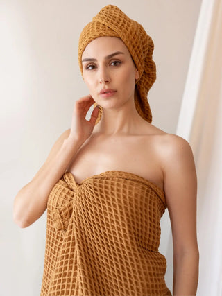 Karamel waffle havlu seti tam görünüm tüm içerik