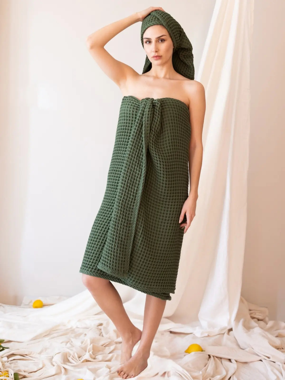 Koyu yeşil waffle petek dokuma banyo havlusu seti genel