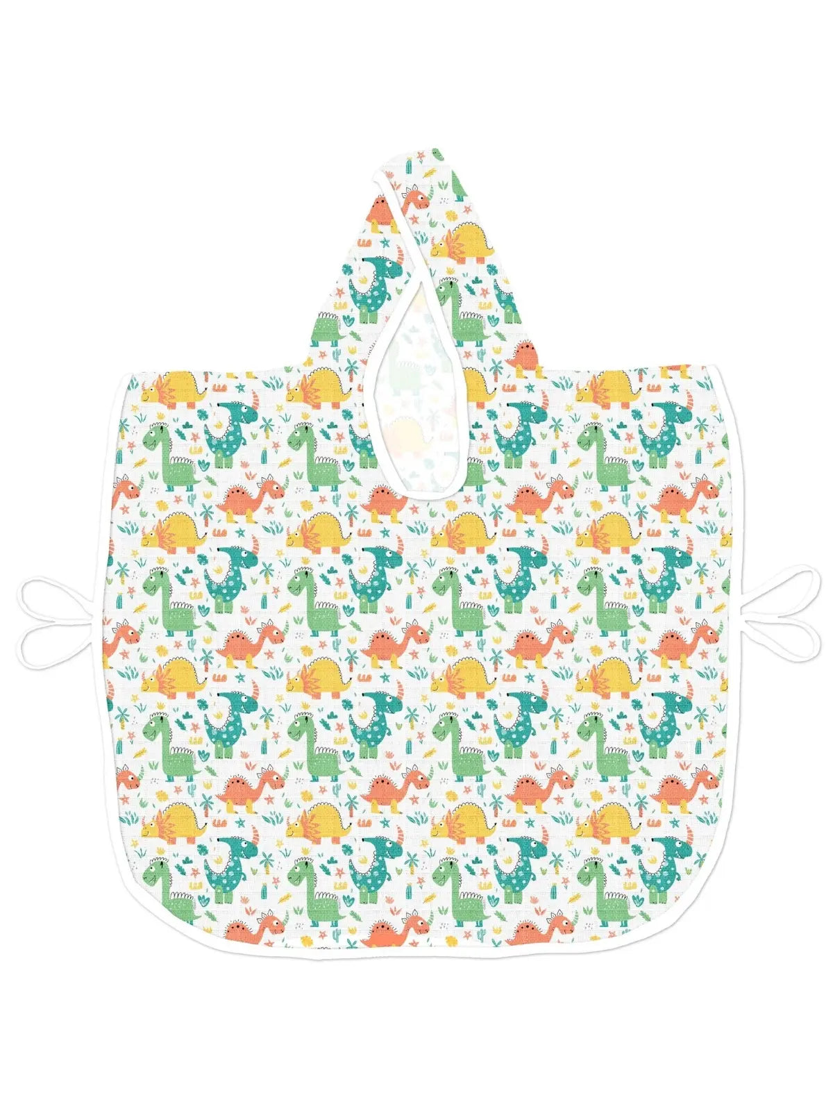 Dinozor desenli muslin bebek panço açık halde beyaz zemin üzerinde tam görünüm