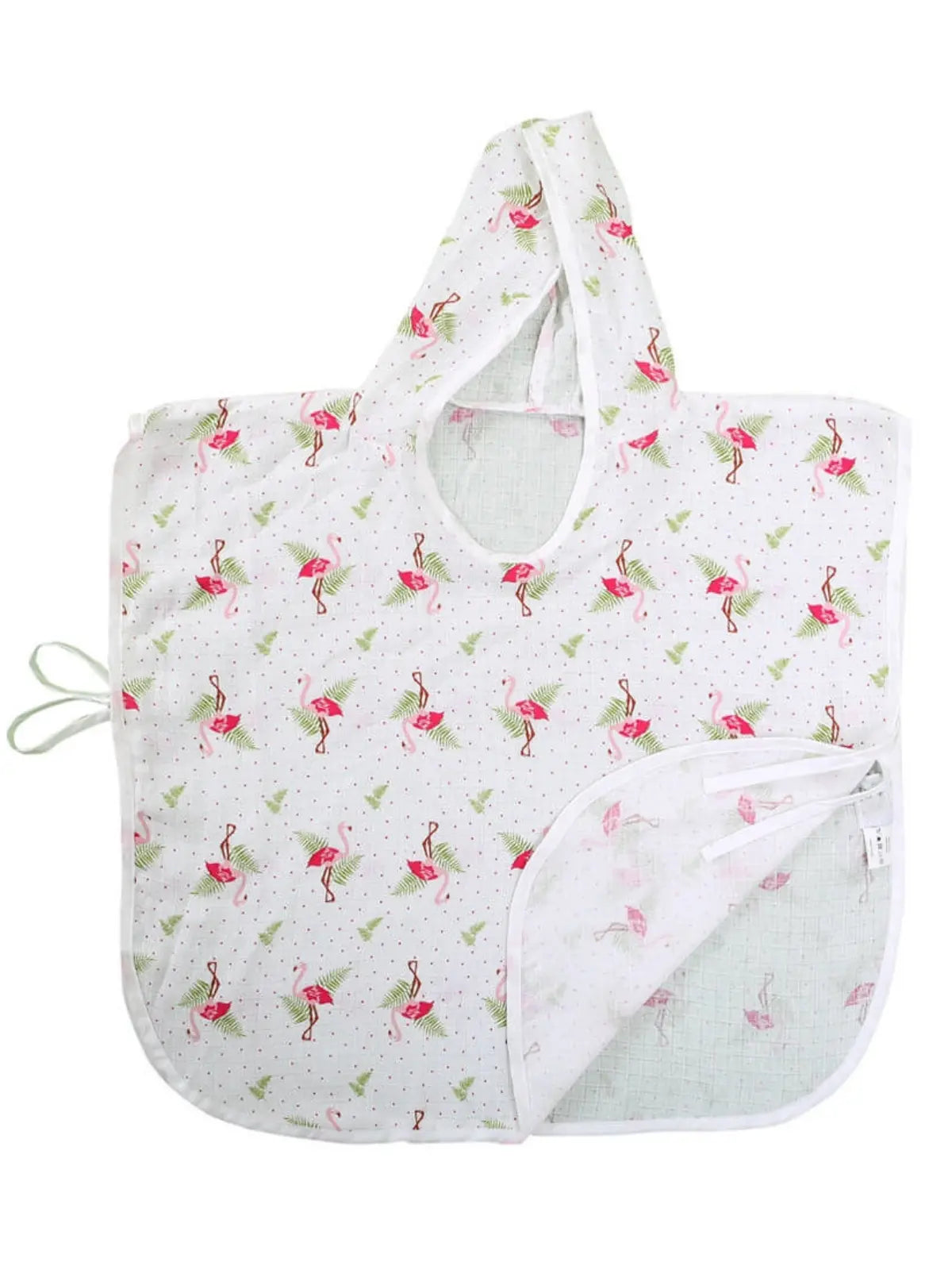 Flamingo desenli muslin bebek panço açık halde beyaz zemin üzerinde