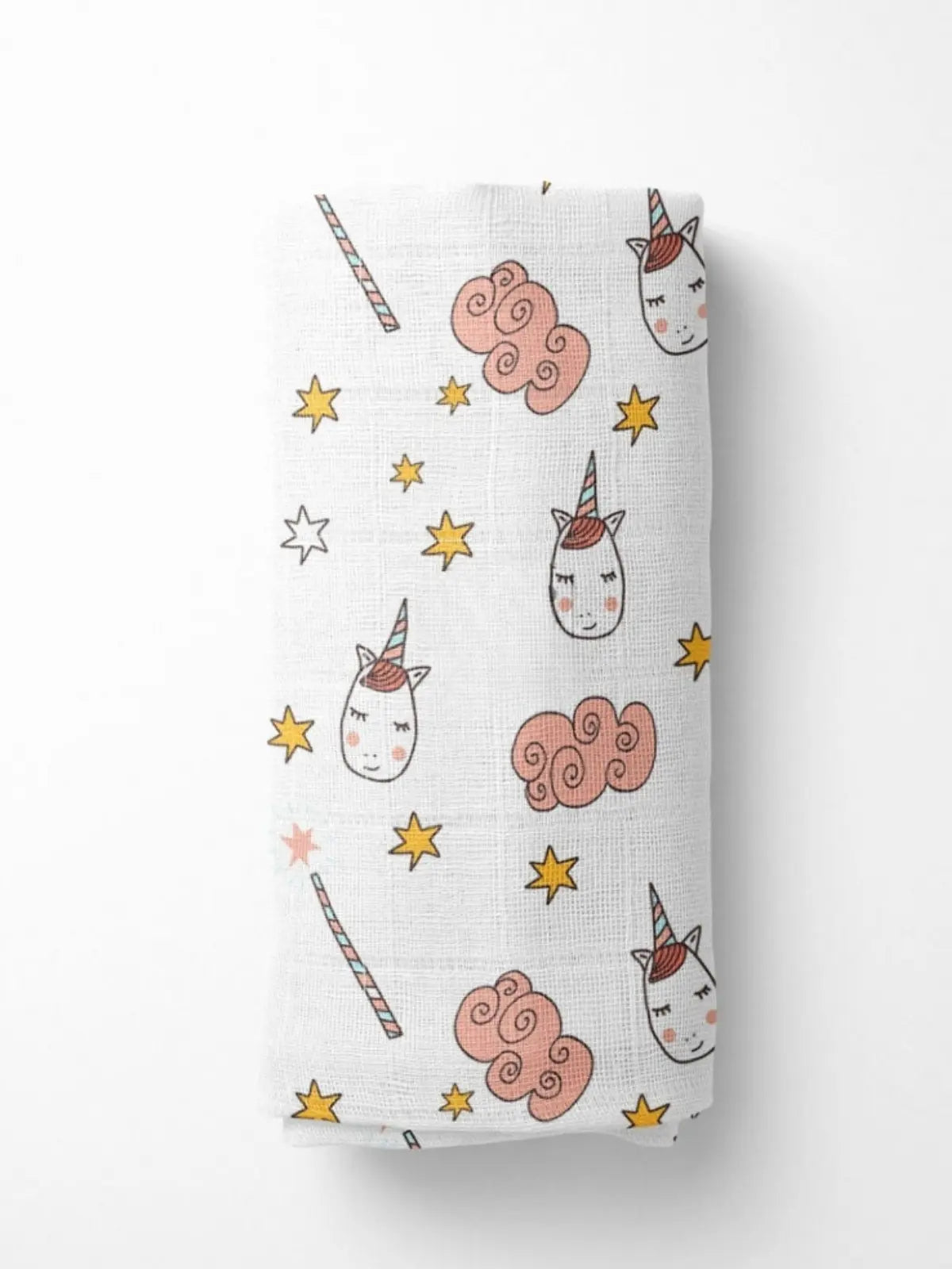 Tek boynuzlu at desenli %100 pamuk muslin bebek çocuk panço dürülmüş görünüm