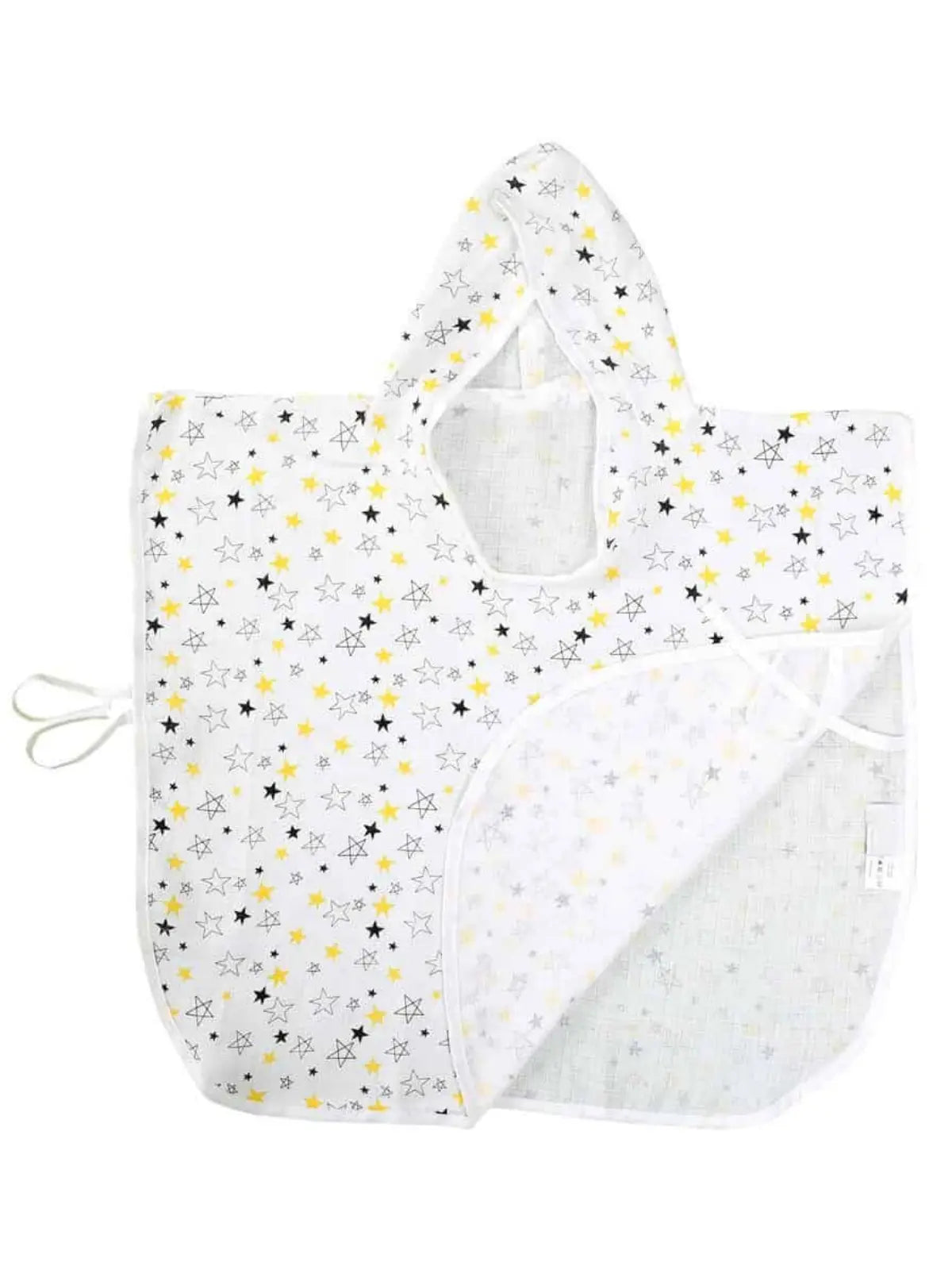 Yıldız desenli muslin bebek panço açık halde beyaz zemin üzerinde