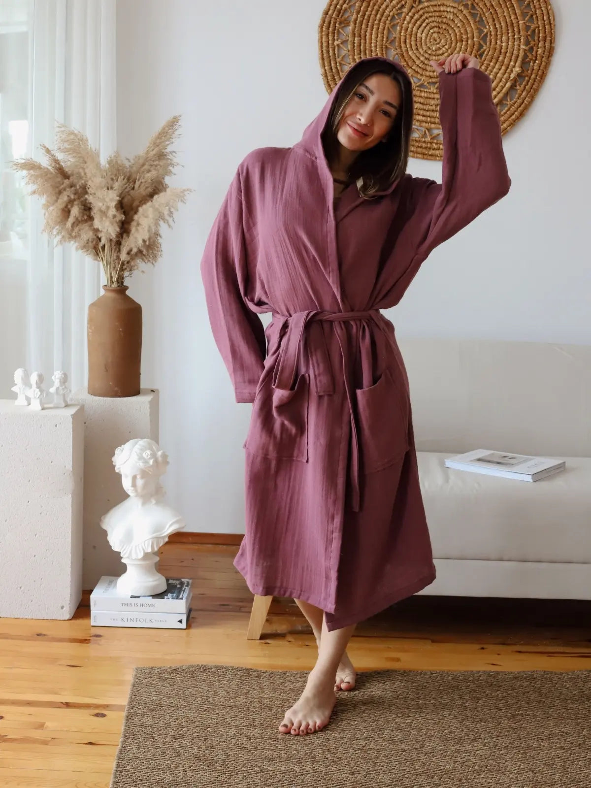 Bordo %100 pamuk 2 kat muslin kapişonlu bornoz ön görünüm