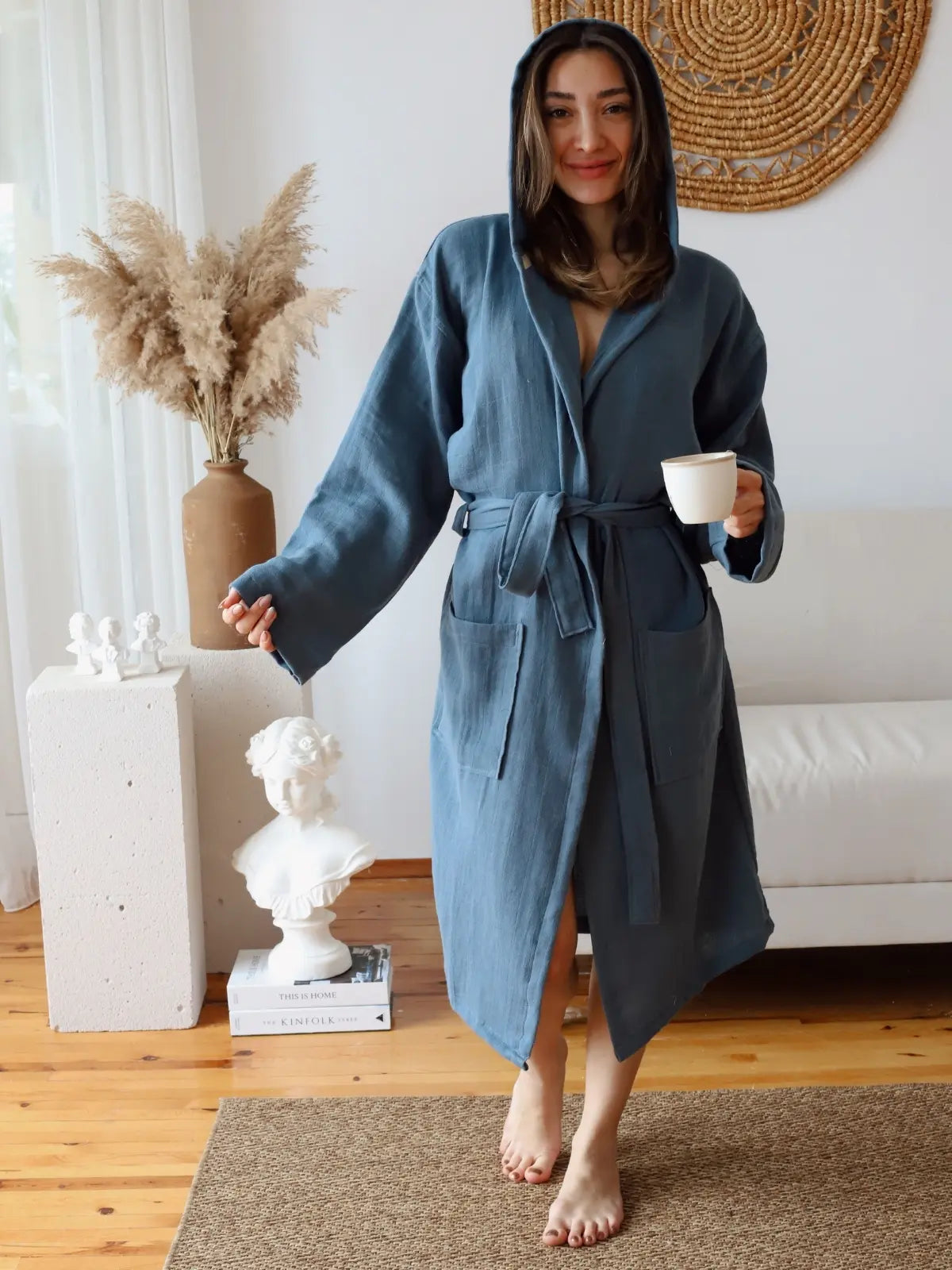 İndigo mavi %100 pamuk 2 kat muslin kapişonlu bornoz ön görünüm