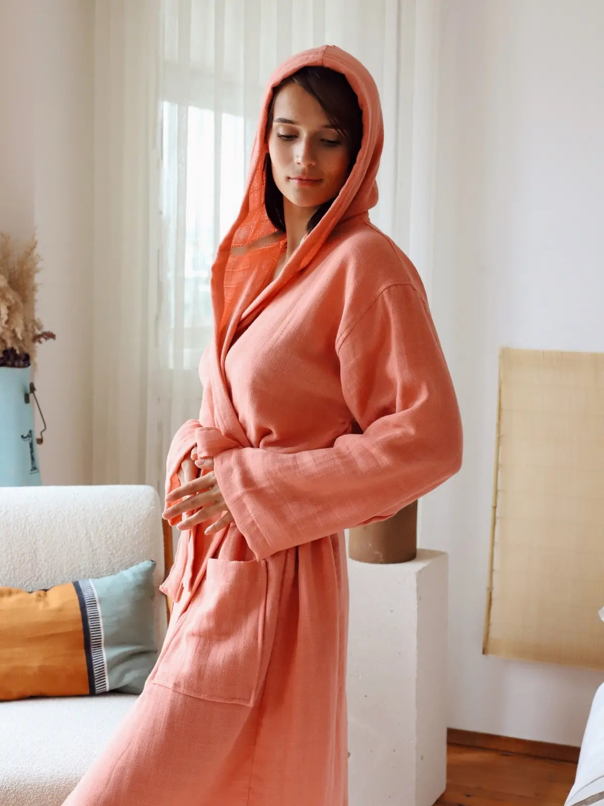 Terracotta %100 pamuk 2 kat muslin kapişonlu bornoz ön görünüm