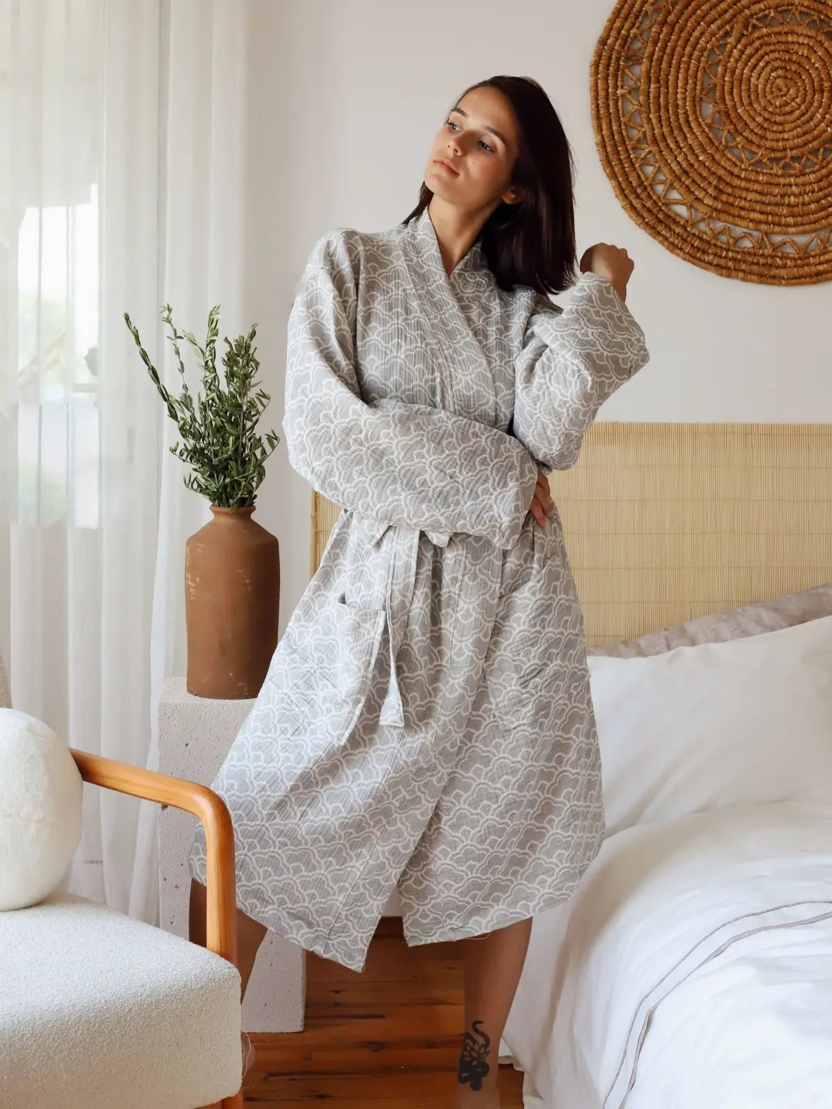 Cotton desenli %100 pamuk 3 kat jakarlı muslin kimono bornoz ön görünüm